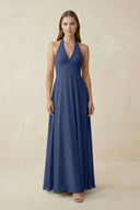 A-Line Pleated Chiffon V-Neck Bridesmaid Dress in Navy - SHE IS ME BRIDESMAID DRESSES