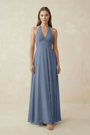 A-Line Pleated Chiffon V-Neck Bridesmaid Dress in Neptune - SHE IS ME BRIDESMAID DRESSES