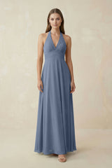 A-Line Pleated Chiffon V-Neck Bridesmaid Dress in Neptune - KISS BRIDAL BRIDESMAID DRESSES