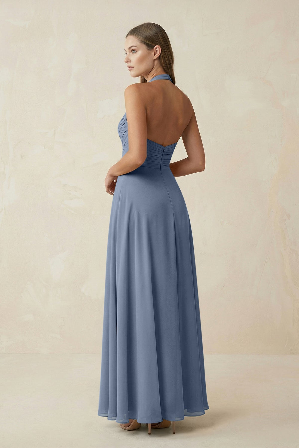 A-Line Pleated Chiffon V-Neck Bridesmaid Dress in Neptune - KISS BRIDAL BRIDESMAID DRESSES