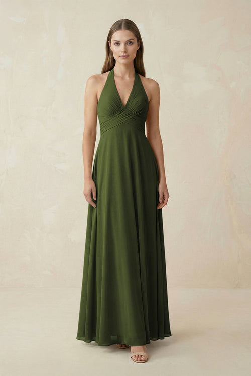 A-Line Pleated Chiffon V-Neck Bridesmaid Dress in Olive - SHE IS ME BRIDESMAID DRESSES