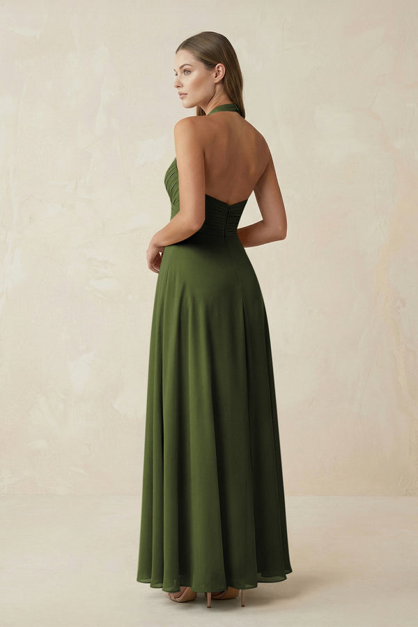 A-Line Pleated Chiffon V-Neck Bridesmaid Dress in Olive - SHE IS ME BRIDESMAID DRESSES