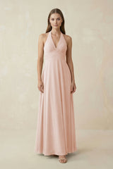 A-Line Pleated Chiffon V-Neck Bridesmaid Dress in Pale Blush - KISS BRIDAL BRIDESMAID DRESSES