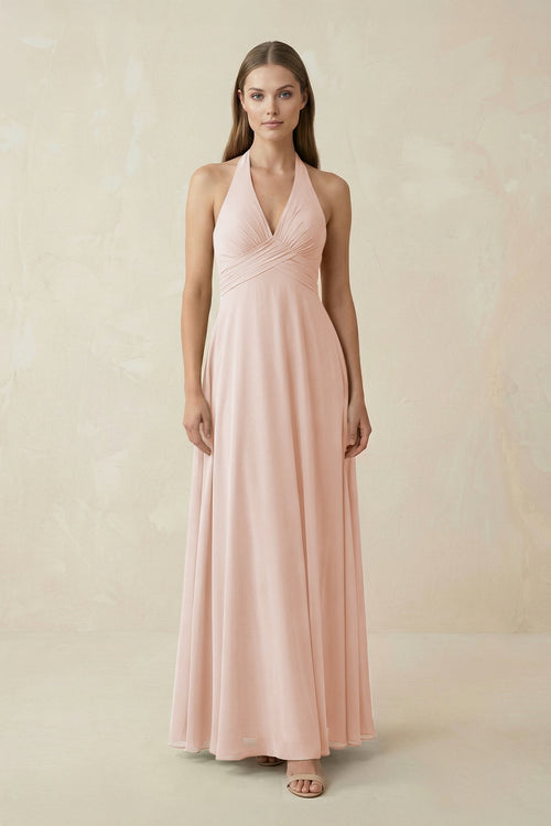 A-Line Pleated Chiffon V-Neck Bridesmaid Dress in Pale Blush - SHE IS ME BRIDESMAID DRESSES