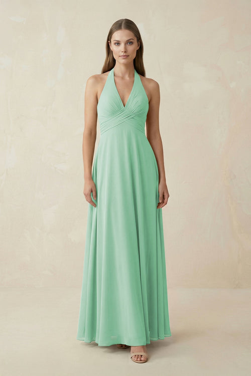 A-Line Pleated Chiffon V-Neck Bridesmaid Dress in Pale Pistachio - SHE IS ME BRIDESMAID DRESSES