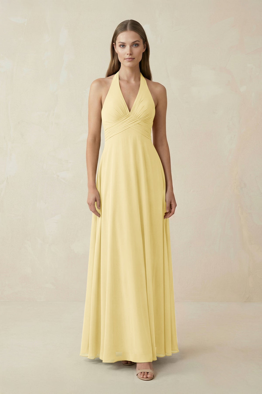 A-Line Pleated Chiffon V-Neck Bridesmaid Dress in Pastel Yellow - KISS BRIDAL BRIDESMAID DRESSES