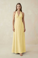 A-Line Pleated Chiffon V-Neck Bridesmaid Dress in Pastel Yellow - SHE IS ME BRIDESMAID DRESSES