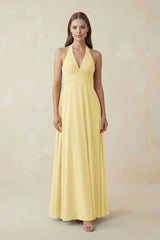 A-Line Pleated Chiffon V-Neck Bridesmaid Dress in Pastel Yellow - KISS BRIDAL BRIDESMAID DRESSES