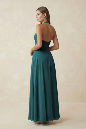 A-Line Pleated Chiffon V-Neck Bridesmaid Dress in Pine - SHE IS ME BRIDESMAID DRESSES