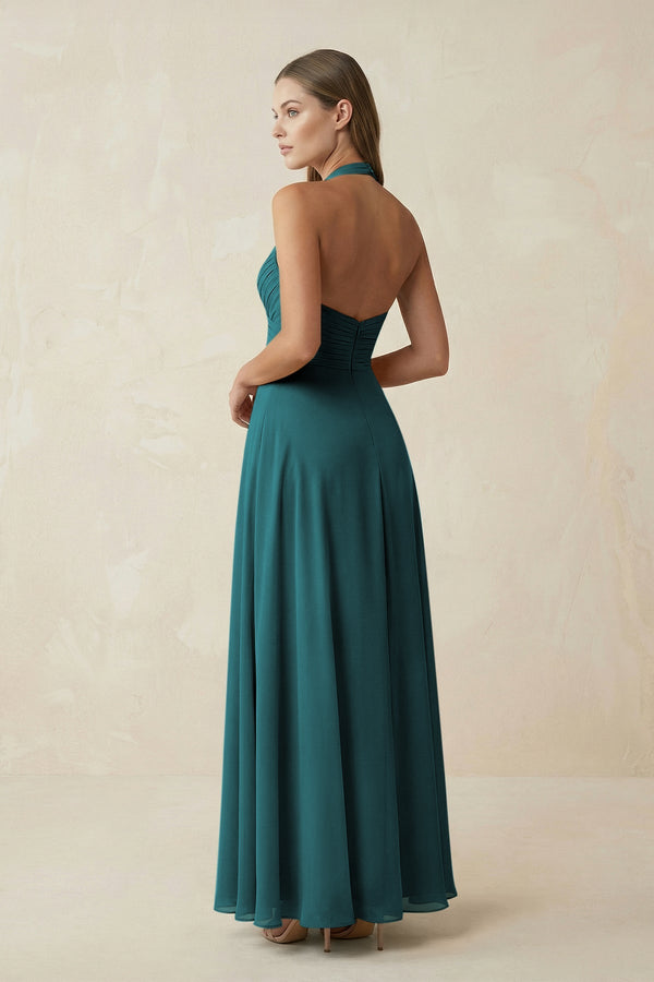 A-Line Pleated Chiffon V-Neck Bridesmaid Dress in Pine - SHE IS ME BRIDESMAID DRESSES