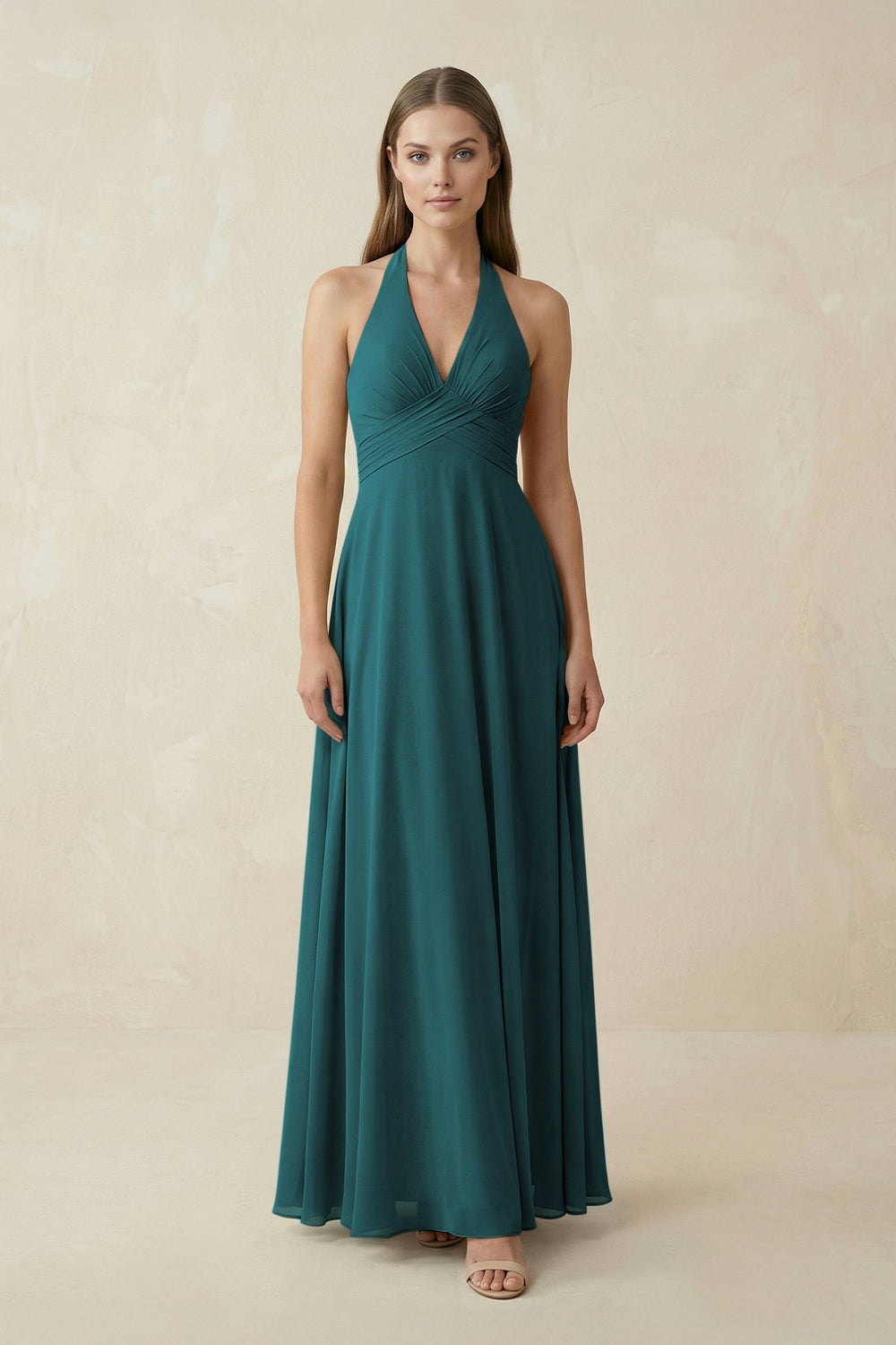 A-Line Pleated Chiffon V-Neck Bridesmaid Dress in Pine - KISS BRIDAL BRIDESMAID DRESSES