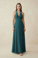 A-Line Pleated Chiffon V-Neck Bridesmaid Dress in Pine - SHE IS ME BRIDESMAID DRESSES