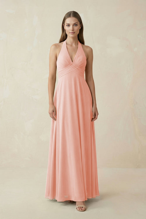A-Line Pleated Chiffon V-Neck Bridesmaid Dress in Rose Petal - SHE IS ME BRIDESMAID DRESSES