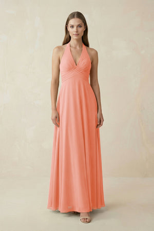 A-Line Pleated Chiffon V-Neck Bridesmaid Dress in Rosette - SHE IS ME BRIDESMAID DRESSES