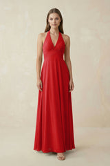 A-Line Pleated Chiffon V-Neck Bridesmaid Dress in Ruby Red - KISS BRIDAL BRIDESMAID DRESSES
