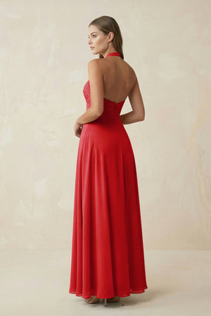 A-Line Pleated Chiffon V-Neck Bridesmaid Dress in Ruby Red - SHE IS ME BRIDESMAID DRESSES