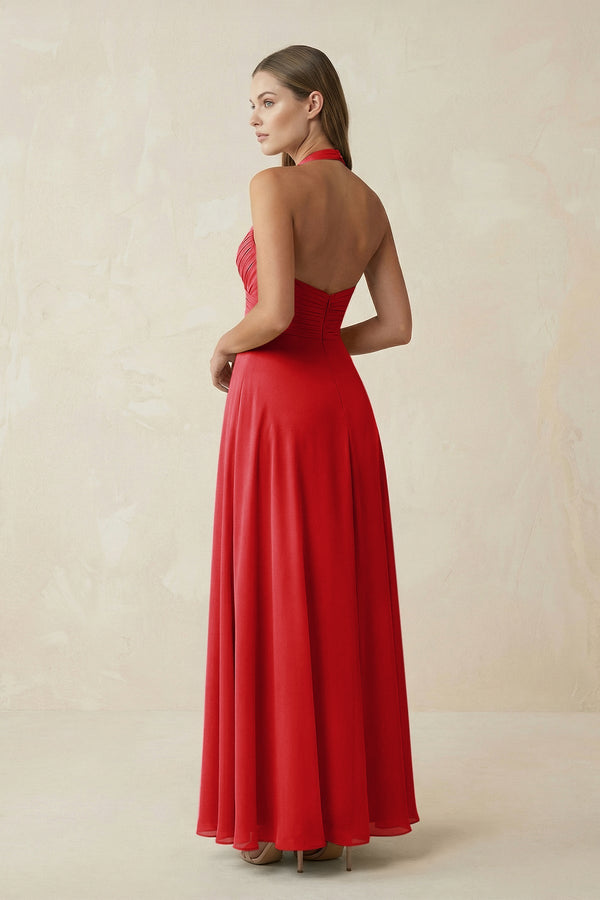 A-Line Pleated Chiffon V-Neck Bridesmaid Dress in Ruby Red - SHE IS ME BRIDESMAID DRESSES