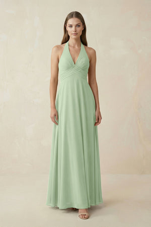 A-Line Pleated Chiffon V-Neck Bridesmaid Dress in Sage - SHE IS ME BRIDESMAID DRESSES