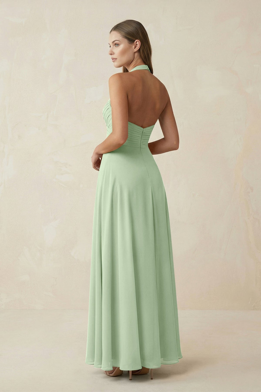 A-Line Pleated Chiffon V-Neck Bridesmaid Dress in Sage - SHE IS ME BRIDESMAID DRESSES