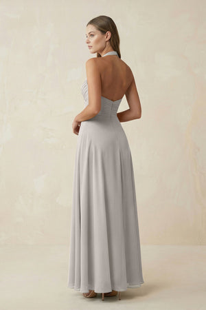 A-Line Pleated Chiffon V-Neck Bridesmaid Dress in Silver - SHE IS ME BRIDESMAID DRESSES