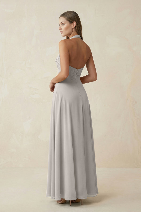 A-Line Pleated Chiffon V-Neck Bridesmaid Dress in Silver - SHE IS ME BRIDESMAID DRESSES