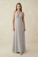 A-Line Pleated Chiffon V-Neck Bridesmaid Dress in Silver - SHE IS ME BRIDESMAID DRESSES