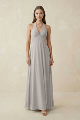 A-Line Pleated Chiffon V-Neck Bridesmaid Dress in Silver - KISS BRIDAL BRIDESMAID DRESSES