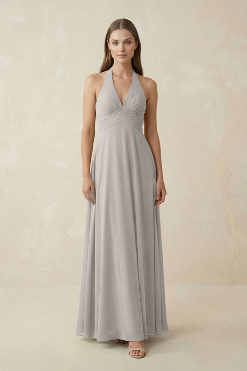 A-Line Pleated Chiffon V-Neck Bridesmaid Dress in Silver - SHE IS ME BRIDESMAID DRESSES