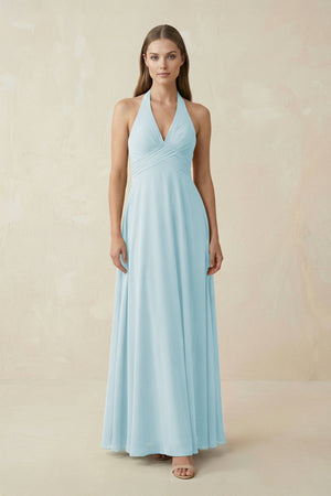 A-Line Pleated Chiffon V-Neck Bridesmaid Dress in Sky Blue - SHE IS ME BRIDESMAID DRESSES