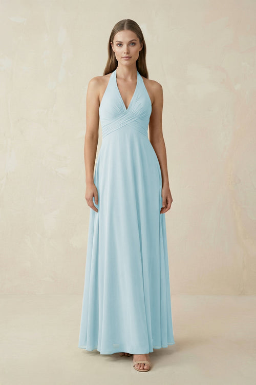 A-Line Pleated Chiffon V-Neck Bridesmaid Dress in Sky Blue - SHE IS ME BRIDESMAID DRESSES