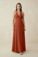 A-Line Pleated Chiffon V-Neck Bridesmaid Dress in Spice - KISS BRIDAL BRIDESMAID DRESSES