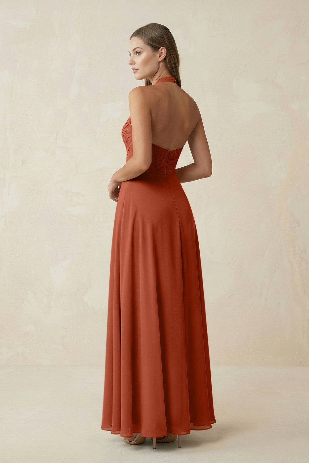 A-Line Pleated Chiffon V-Neck Bridesmaid Dress in Spice - SHE IS ME BRIDESMAID DRESSES