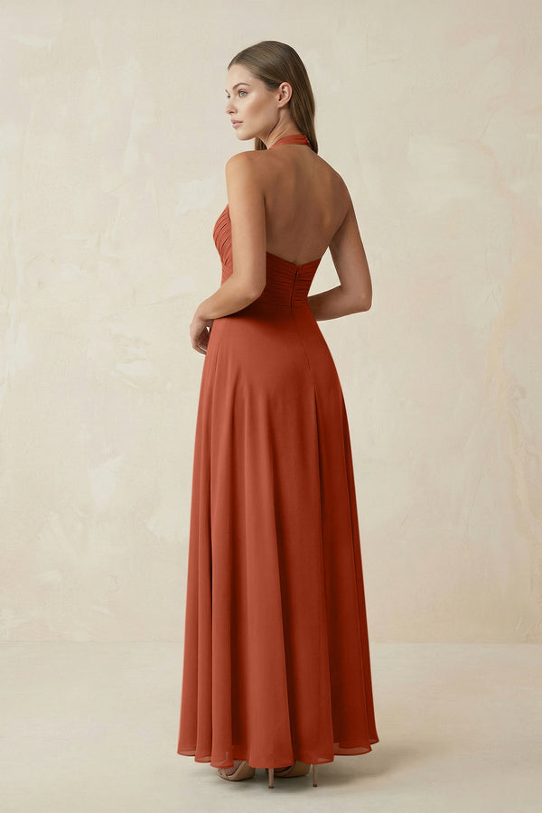 A-Line Pleated Chiffon V-Neck Bridesmaid Dress in Spice - SHE IS ME BRIDESMAID DRESSES