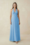 A-Line Pleated Chiffon V-Neck Bridesmaid Dress in Steel Blue - SHE IS ME BRIDESMAID DRESSES