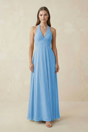 A-Line Pleated Chiffon V-Neck Bridesmaid Dress in Steel Blue - SHE IS ME BRIDESMAID DRESSES