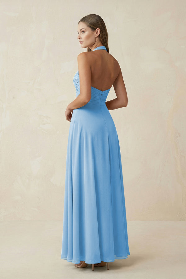 A-Line Pleated Chiffon V-Neck Bridesmaid Dress in Steel Blue - SHE IS ME BRIDESMAID DRESSES