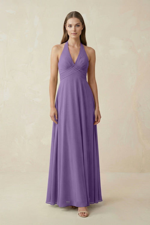 A-Line Pleated Chiffon V-Neck Bridesmaid Dress in Tahiti - SHE IS ME BRIDESMAID DRESSES