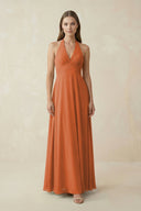 A-Line Pleated Chiffon V-Neck Bridesmaid Dress in Terracotta - SHE IS ME BRIDESMAID DRESSES