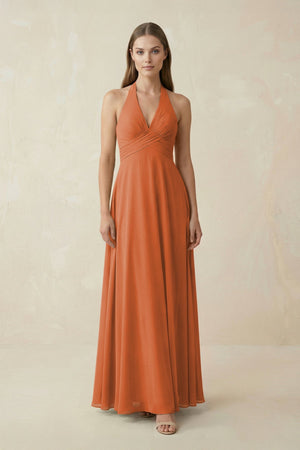 A-Line Pleated Chiffon V-Neck Bridesmaid Dress in Terracotta - SHE IS ME BRIDESMAID DRESSES