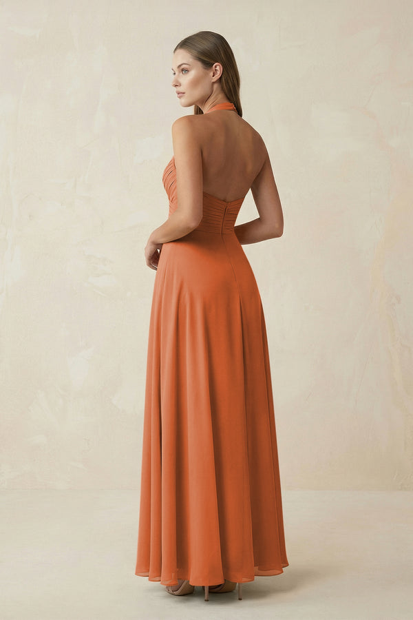 A-Line Pleated Chiffon V-Neck Bridesmaid Dress in Terracotta - SHE IS ME BRIDESMAID DRESSES