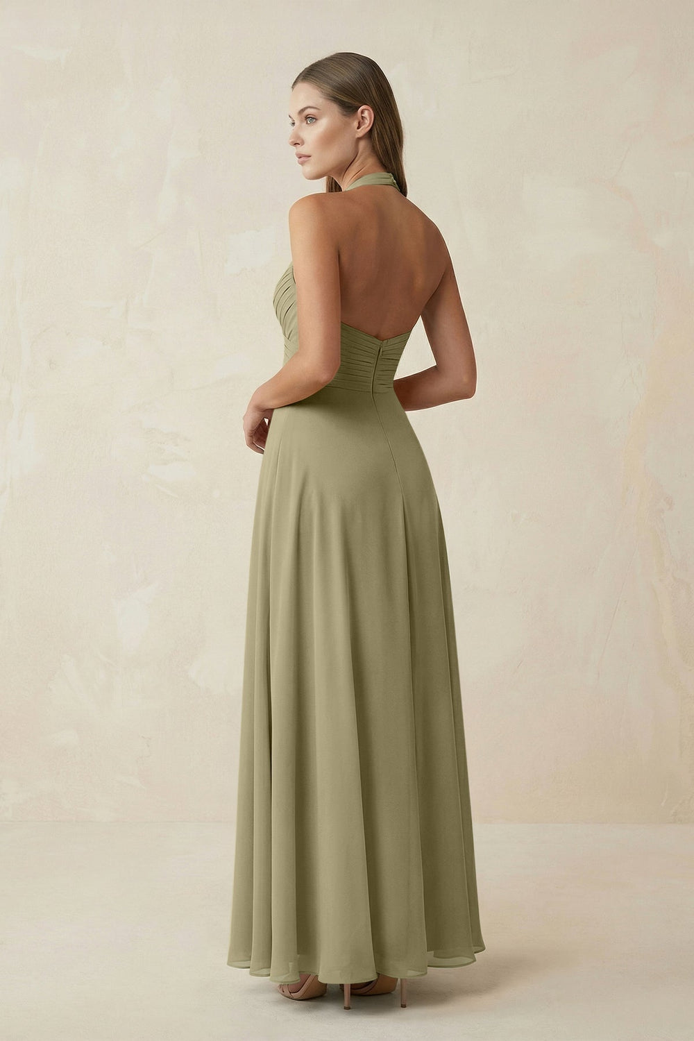 A-Line Pleated Chiffon V-Neck Bridesmaid Dress in Thyme - KISS BRIDAL BRIDESMAID DRESSES