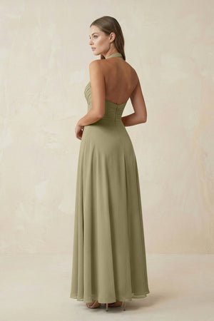 A-Line Pleated Chiffon V-Neck Bridesmaid Dress in Thyme - SHE IS ME BRIDESMAID DRESSES