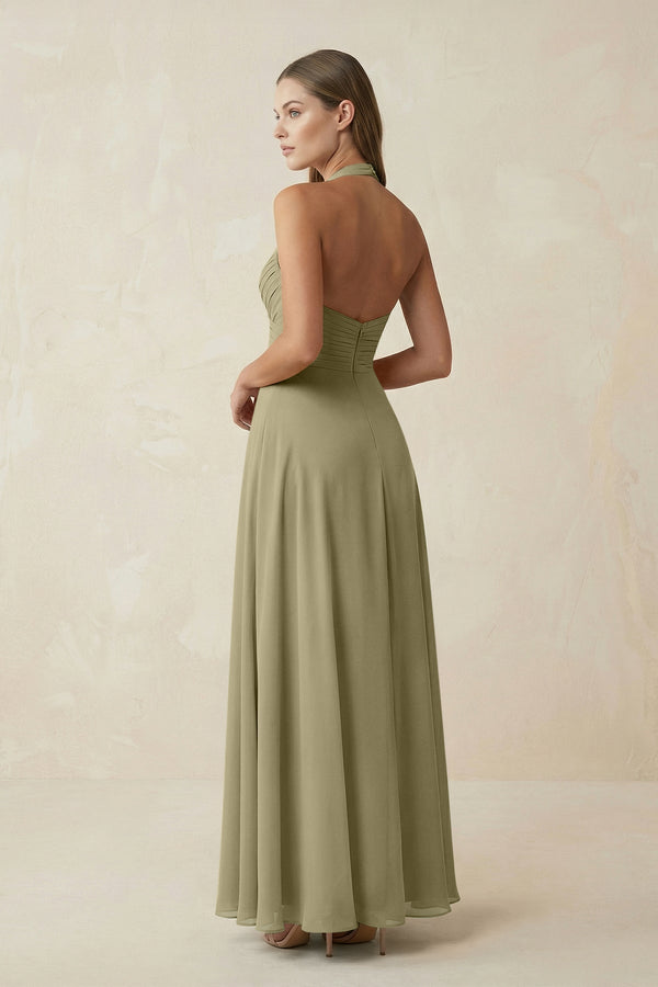 A-Line Pleated Chiffon V-Neck Bridesmaid Dress in Thyme - SHE IS ME BRIDESMAID DRESSES