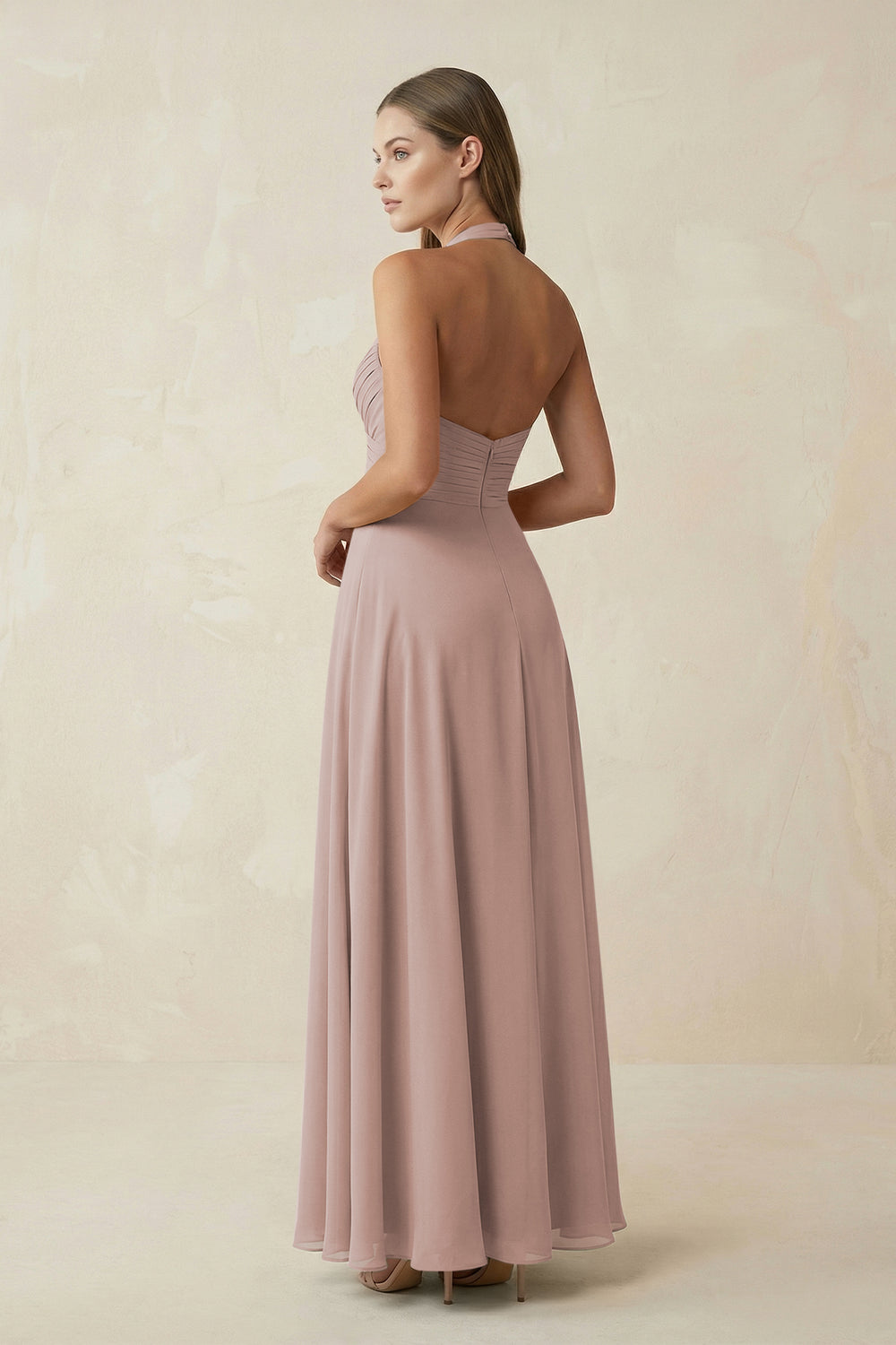 A-Line Pleated Chiffon V-Neck Bridesmaid Dress in Toffee