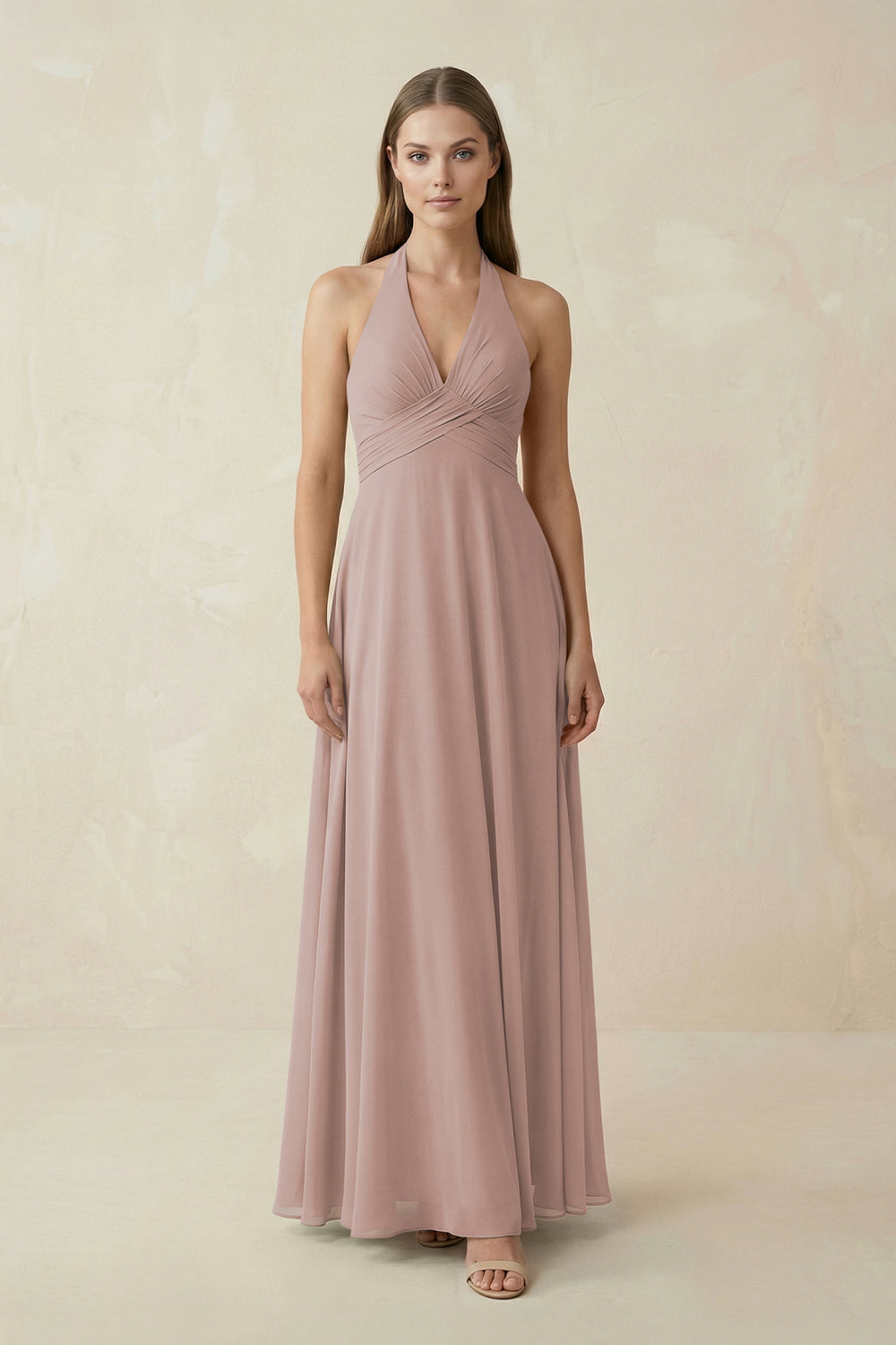 A-Line Pleated Chiffon V-Neck Bridesmaid Dress in Toffee