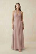 A-Line Pleated Chiffon V-Neck Bridesmaid Dress in Toffee | KISSBRIDAL