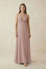 A-Line Pleated Chiffon V-Neck Bridesmaid Dress in Toffee | KISSBRIDAL