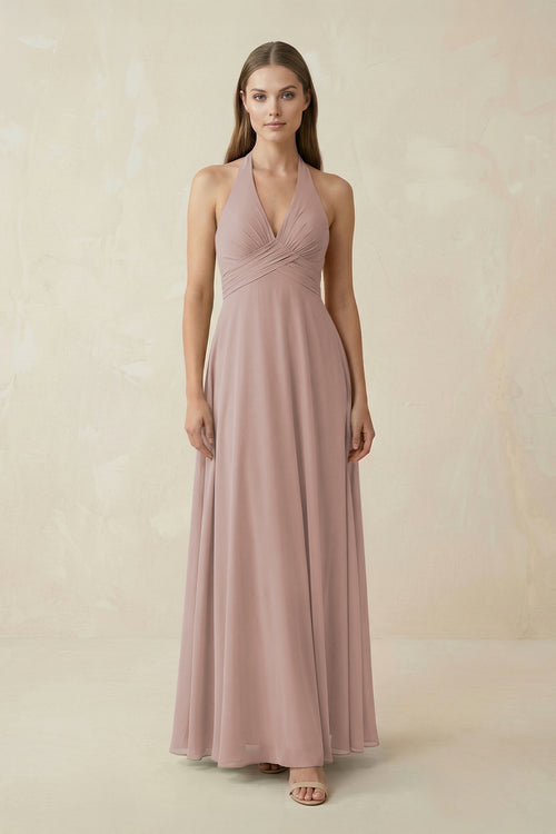 A-Line Pleated Chiffon V-Neck Bridesmaid Dress in Toffee | KISSBRIDAL