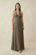 A-Line Pleated Chiffon V-Neck Bridesmaid Dress in Willow Green - SHE IS ME BRIDESMAID DRESSES