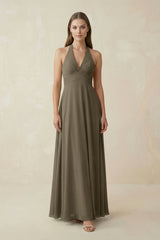 A-Line Pleated Chiffon V-Neck Bridesmaid Dress in Willow Green - KISS BRIDAL BRIDESMAID DRESSES